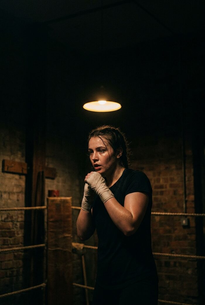 A young female amateur boxer in a spartan gym, hands wrapped, lit by a single overhead bulb