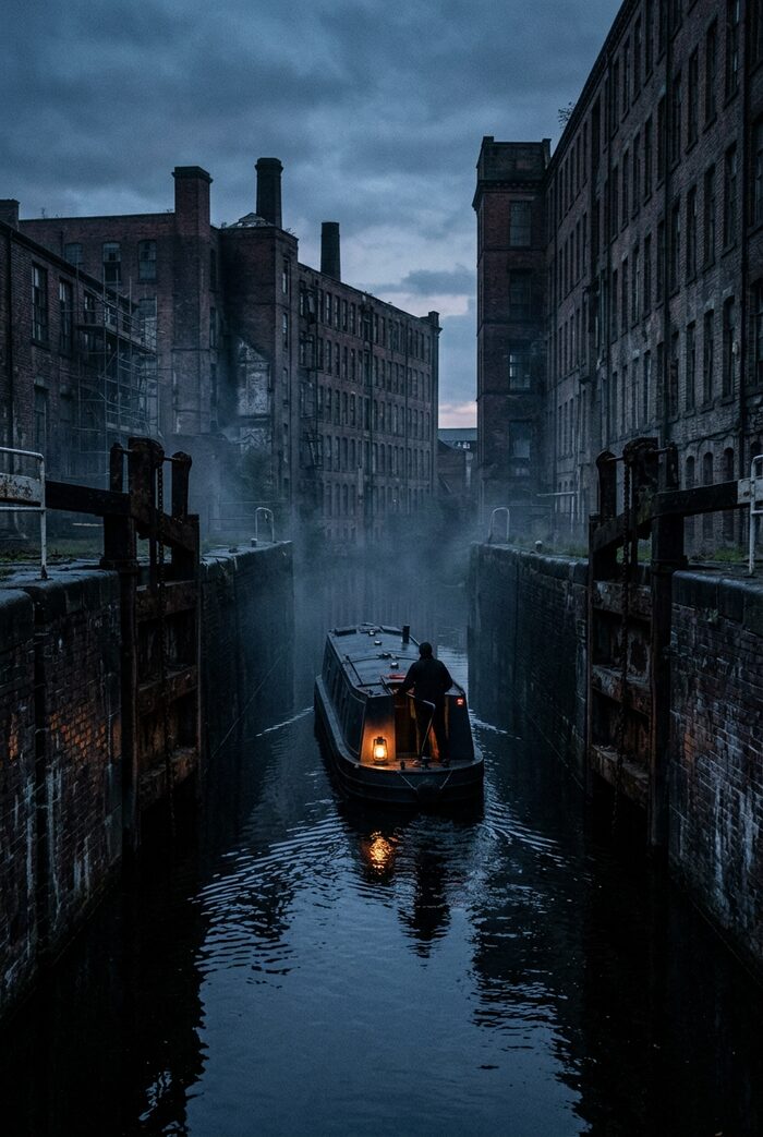 A canal barge moving through a derelict industrial lock at dusk between brick mill walls