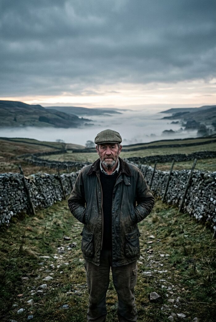 A northern hill farmer standing in a stone-walled field at dawn, fog in the valley behind