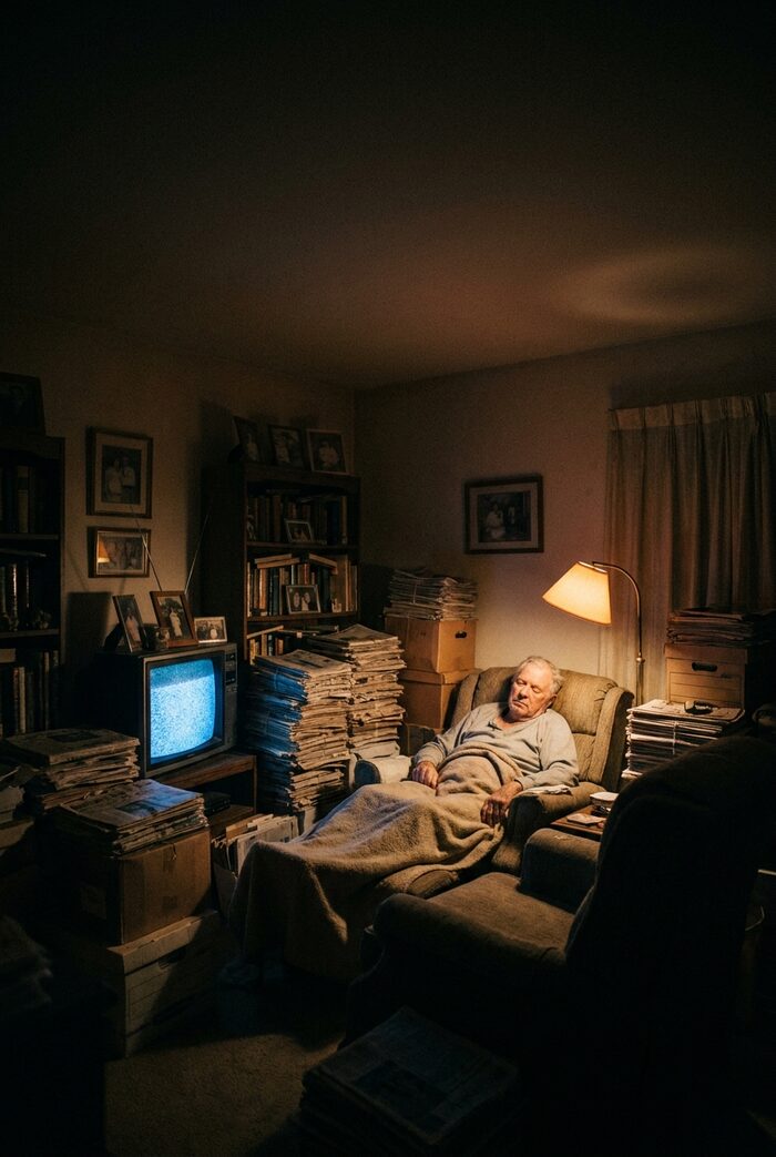 An elderly man asleep in an armchair surrounded by towering stacks of newspapers and boxes