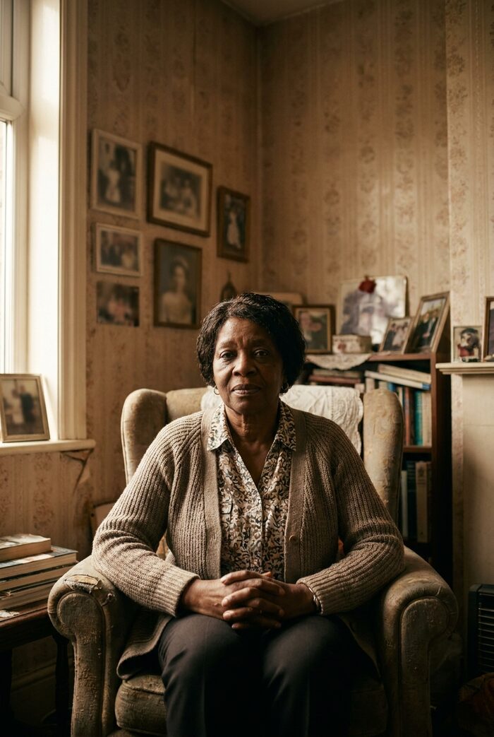 A Black British woman in her seventies sitting in the front room of a terraced house