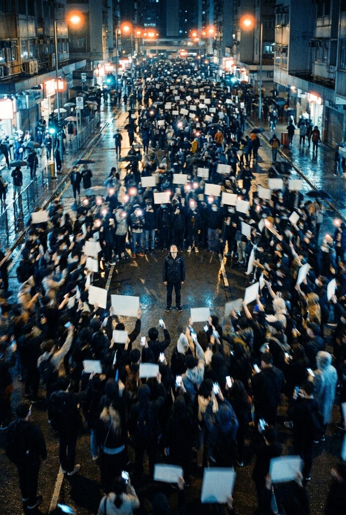 A night-time street protest seen from above, hundreds of people with blank placards and phone lights