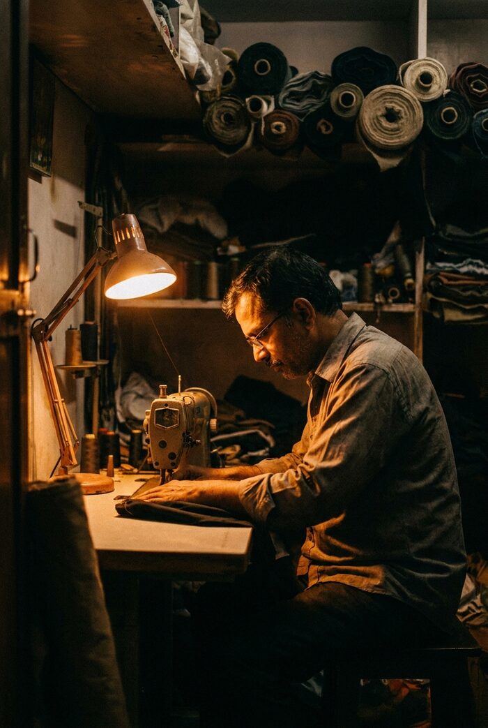 A tailor bent over an industrial sewing machine late at night, lit by one anglepoise lamp