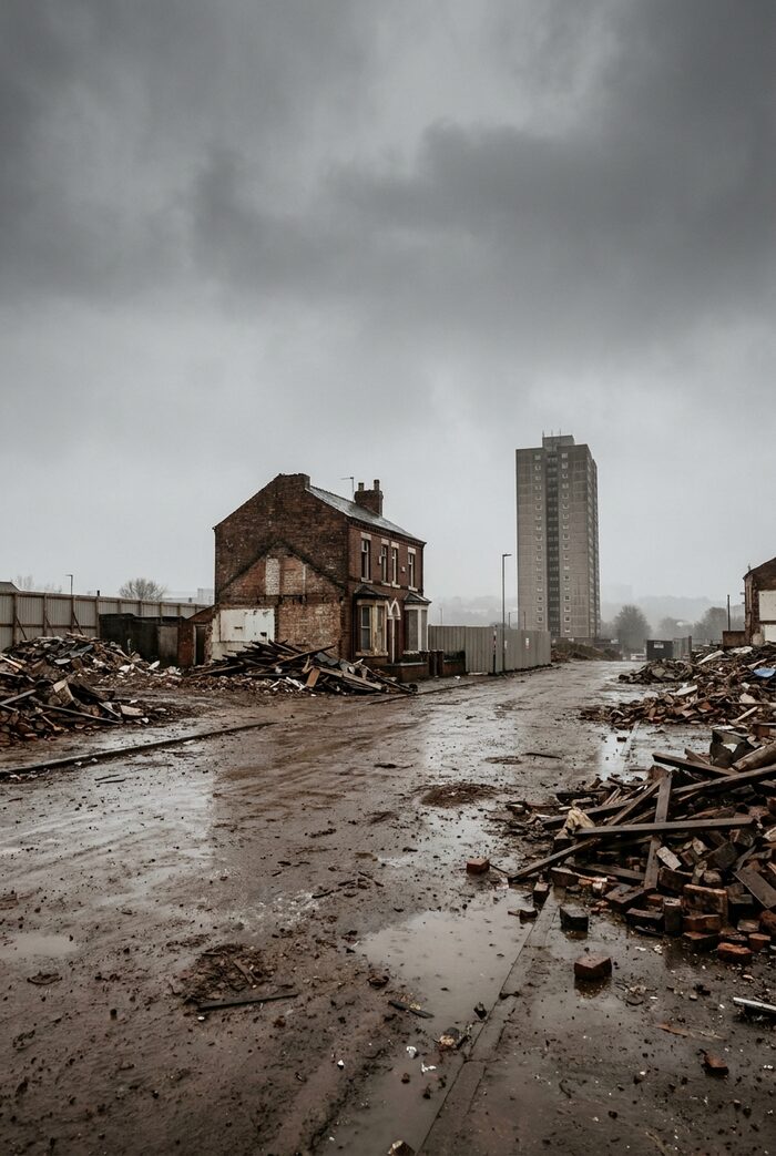 A demolished Victorian terrace mid-clearance with one house still standing amid rubble