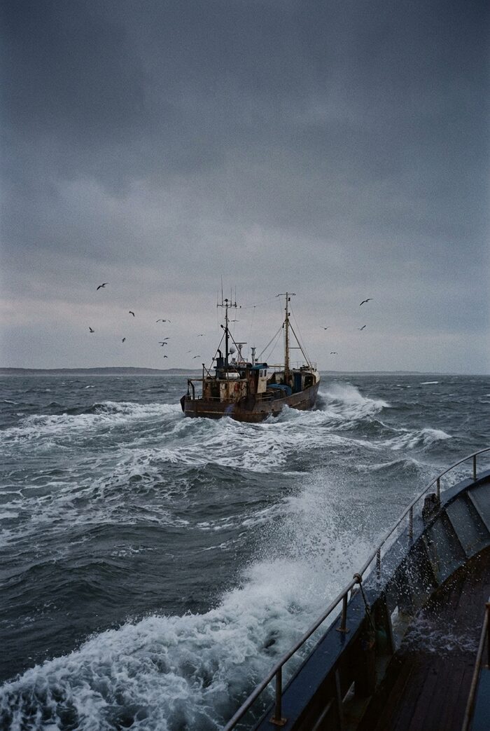 A lone trawler in heavy grey North Sea swell under an enormous sky