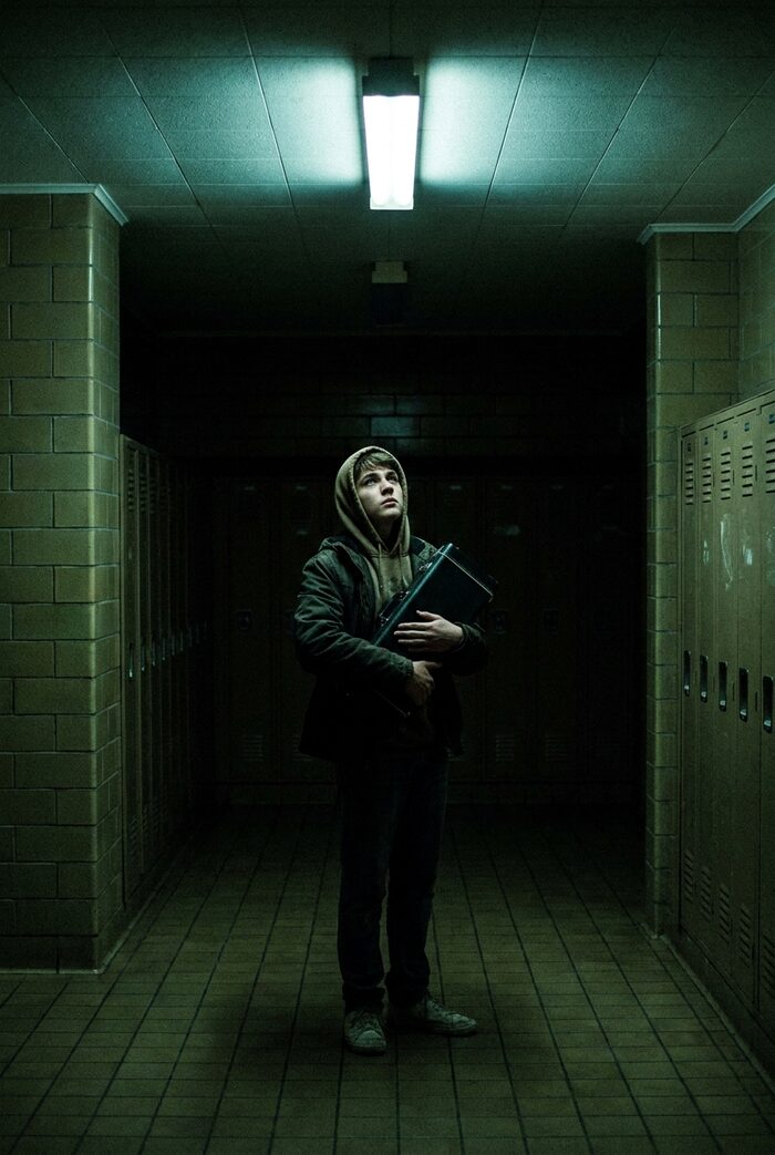 A teenage boy in a school corridor at night holding a trumpet case under a single fluorescent tube